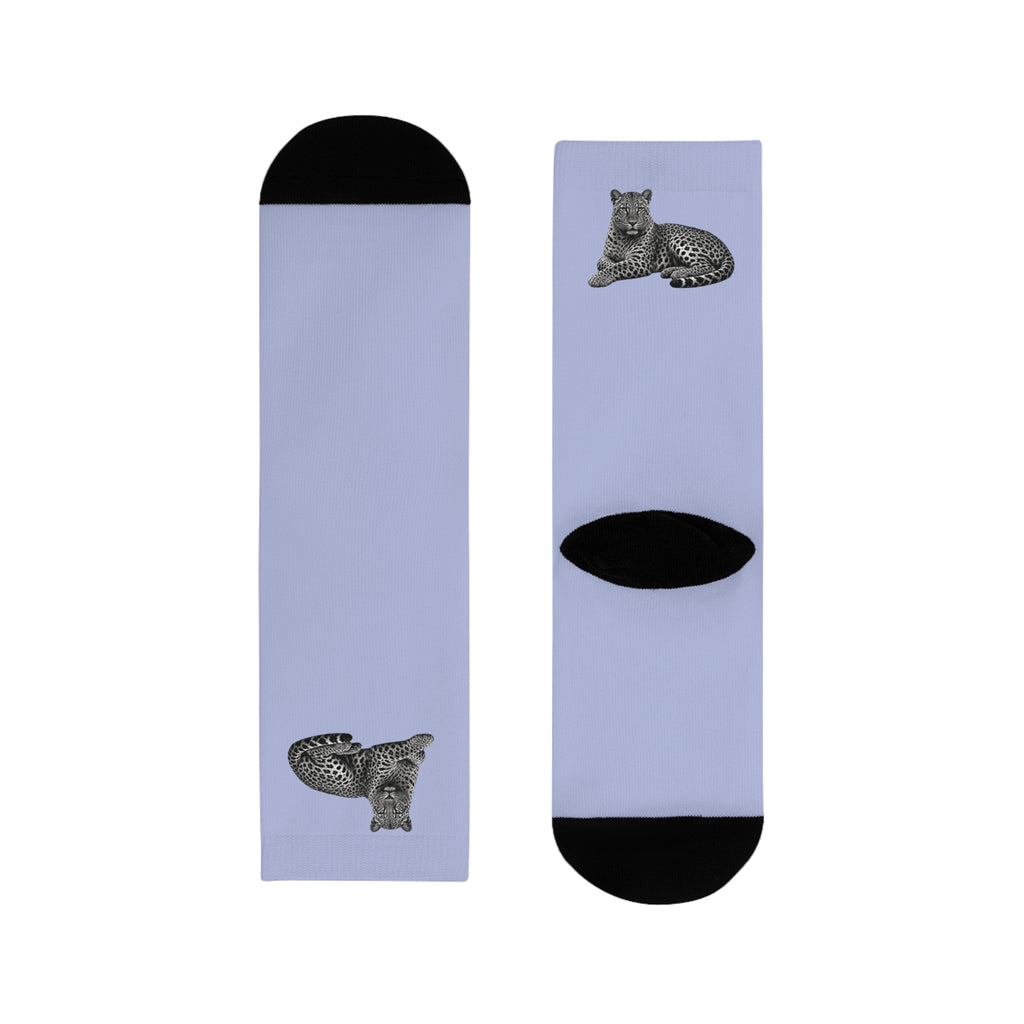 Leopard Print Crew Socks — Sublimated Lilac Athletic Socks with Cat Motif