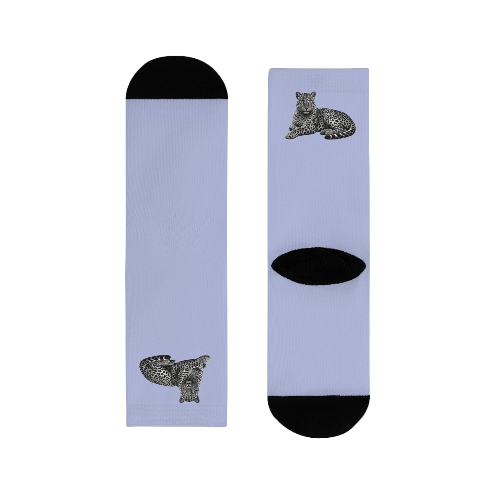 Leopard Print Crew Socks — Sublimated Lilac Athletic Socks with Cat Motif