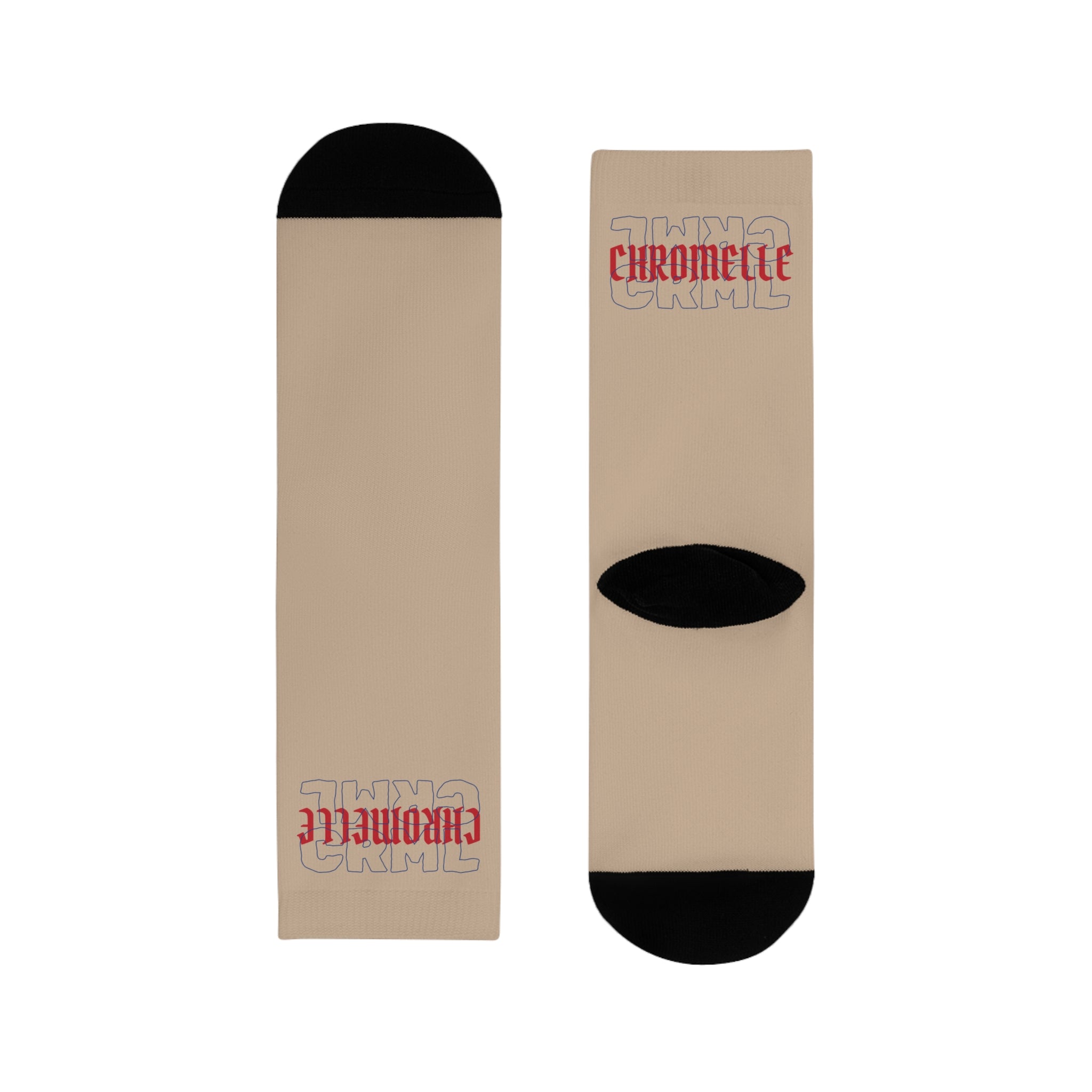 Beyond Ordinary Crew Socks – Retro Red Text Sublimated Beige Socks