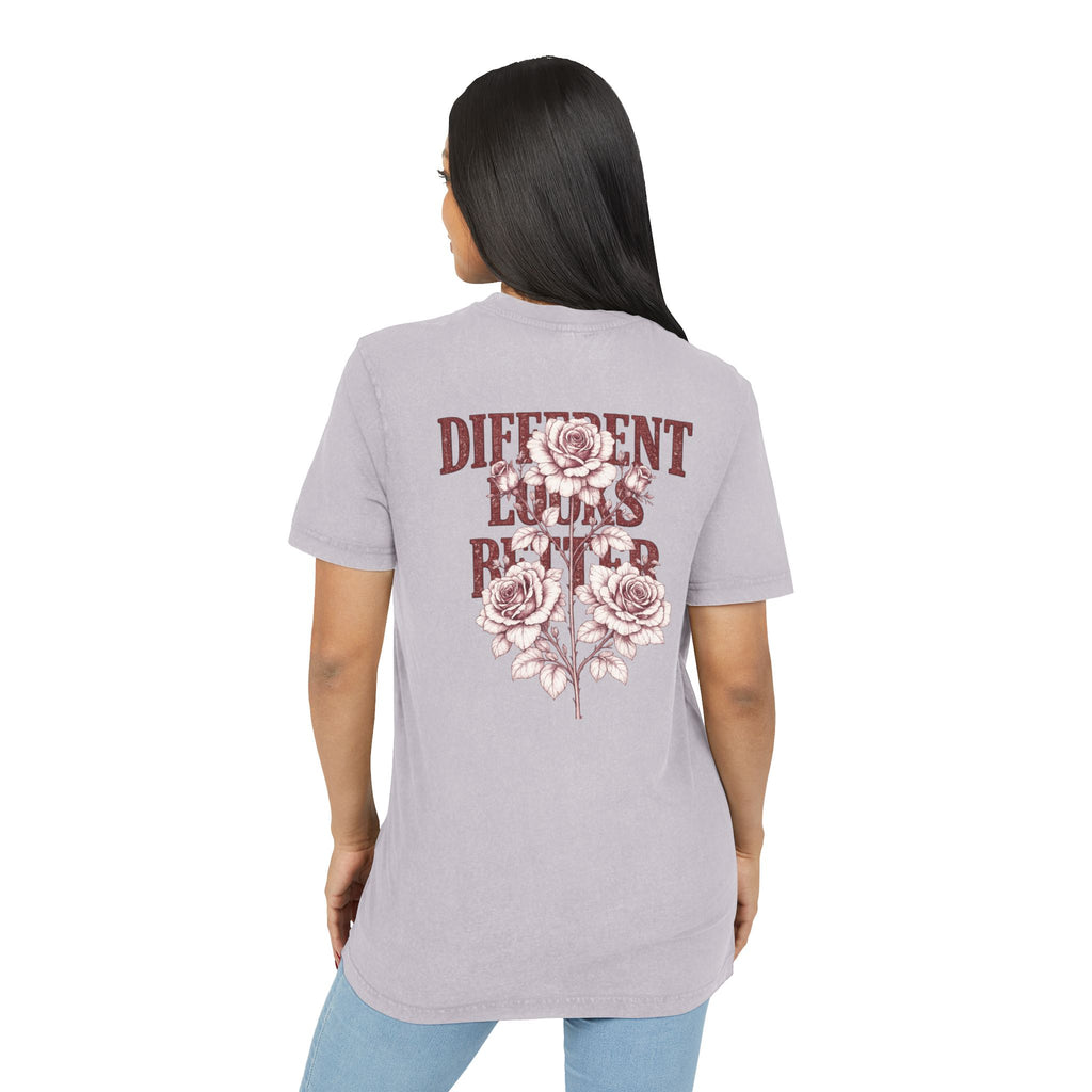 Acid-Wash Tee — 'CRML' Front & 'Different Looks Better' Rose Graphic