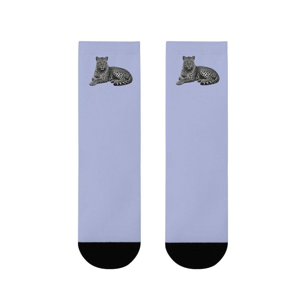 Leopard Print Crew Socks — Sublimated Lilac Athletic Socks with Cat Motif