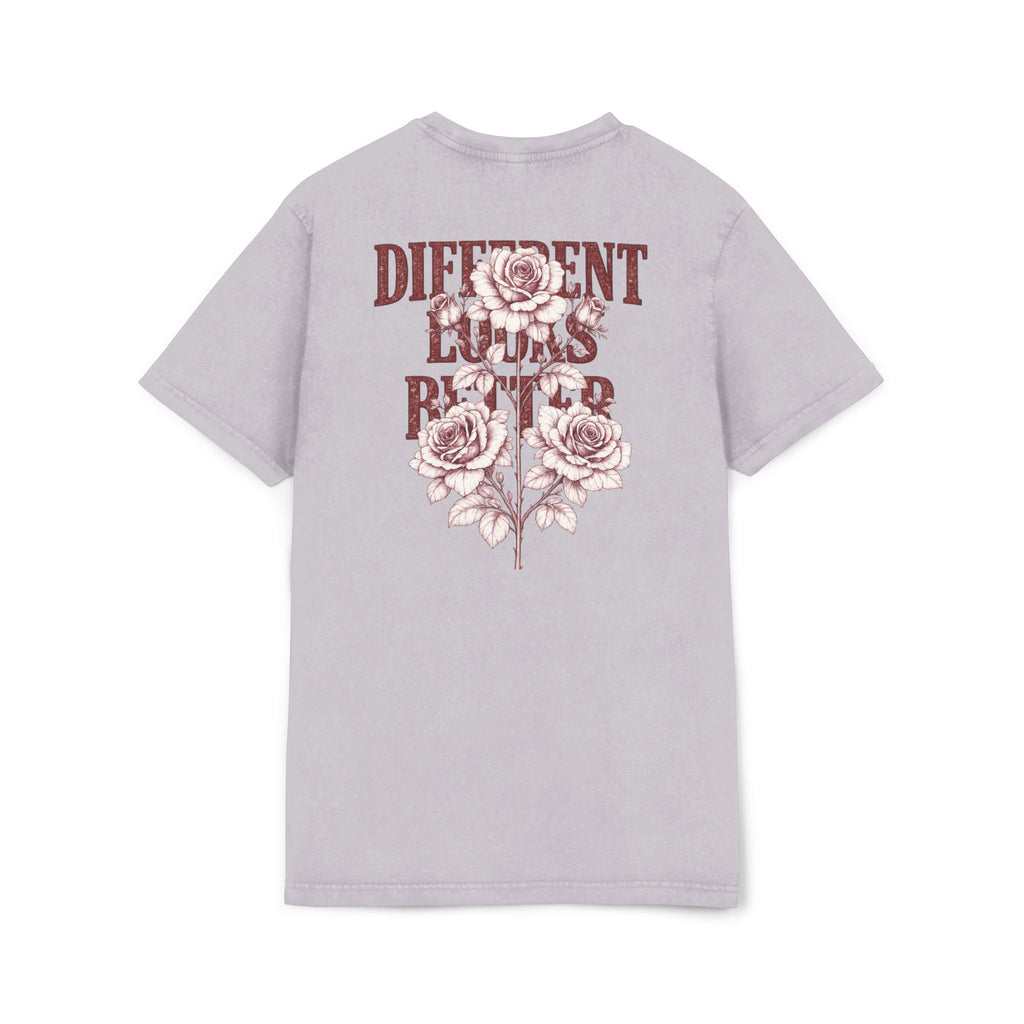 Acid-Wash Tee — 'CRML' Front & 'Different Looks Better' Rose Graphic