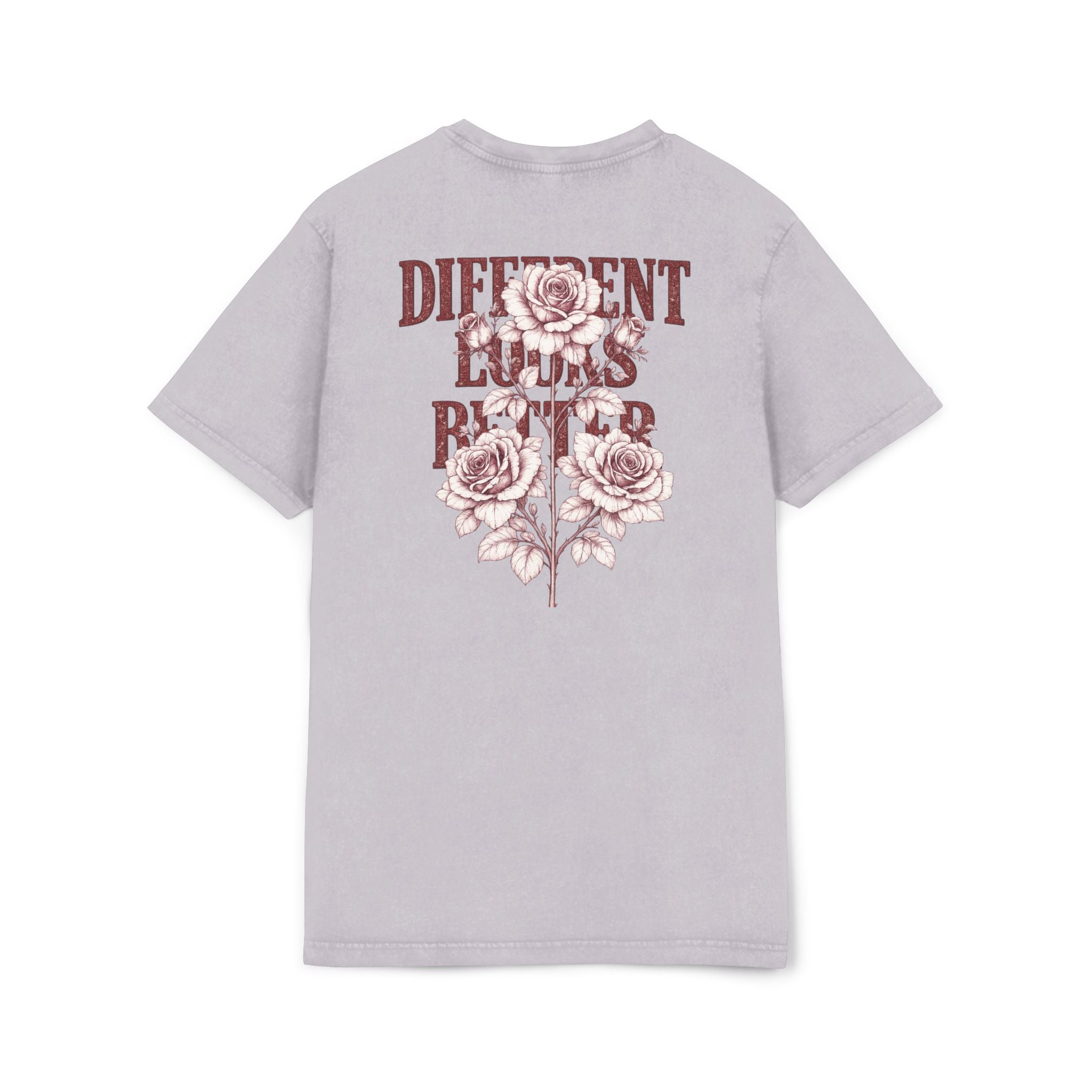 Acid-Wash Tee — 'CRML' Front & 'Different Looks Better' Rose Graphic