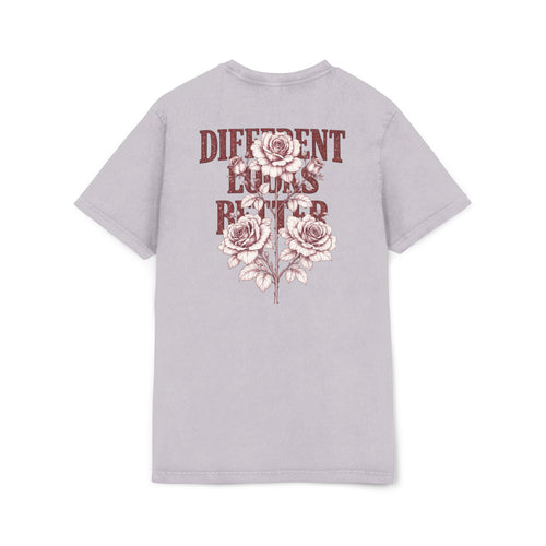 Acid-Wash Tee — 'CRML' Front & 'Different Looks Better' Rose Graphic